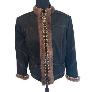 St John Collection Marie Gray Rabbit Fur Trim Denim Jacket Womens 8 Quiet Luxury